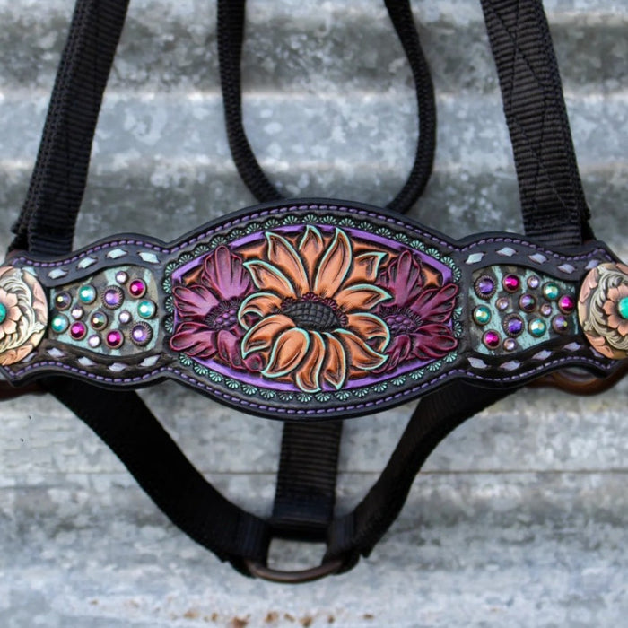 Kk Leathers Pink Purple Turquoise Floral Crystal Bronc Noseband Nylon Halter