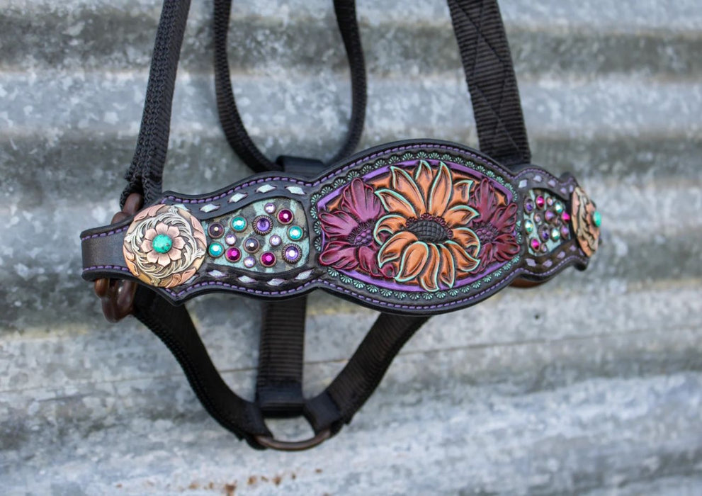 Kk Leathers Pink Purple Turquoise Floral Crystal Bronc Noseband Nylon Halter