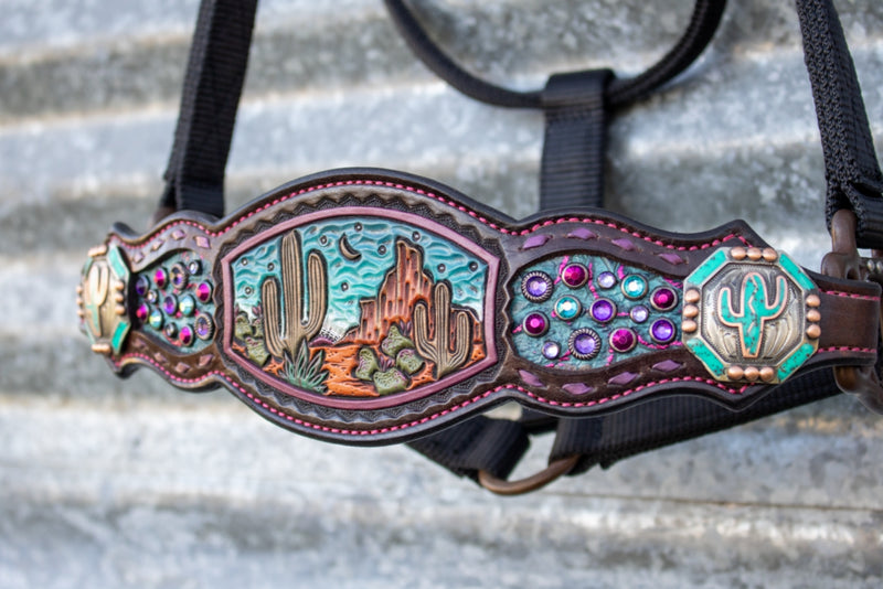 Kk Leathers Turquoise Purple Cactus Desert Crystal Bronc Noseband Nylon Halter