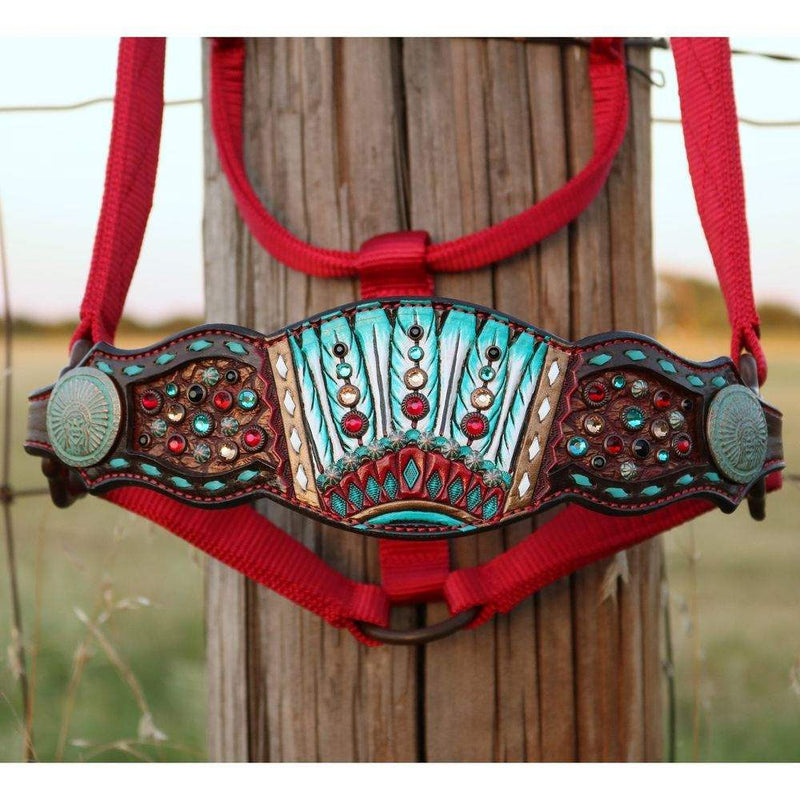 Kk Leathers Turquoise Red Chief Indian Headdress Bronc Halter