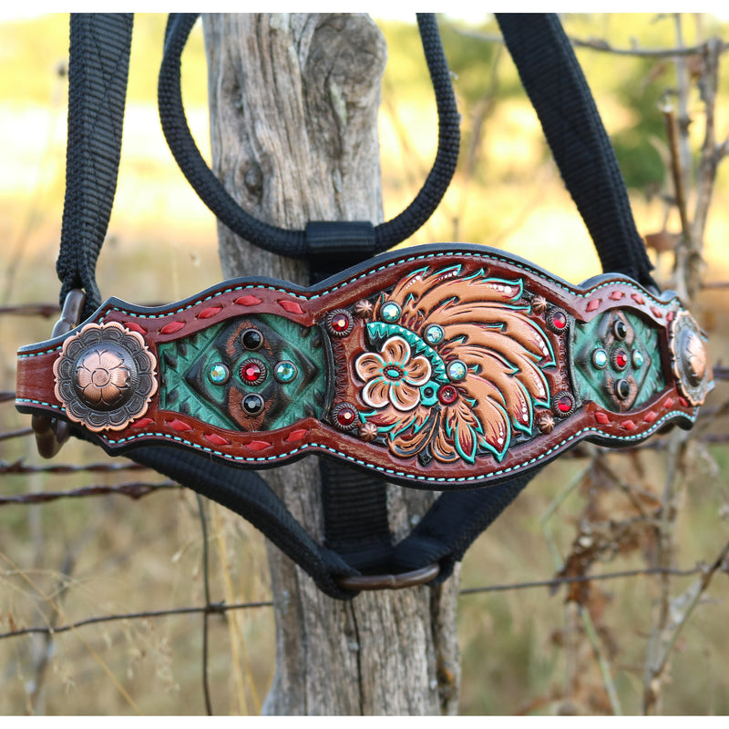 Kk Leathers Turquoise Red Indian Headdress Bronc Halter