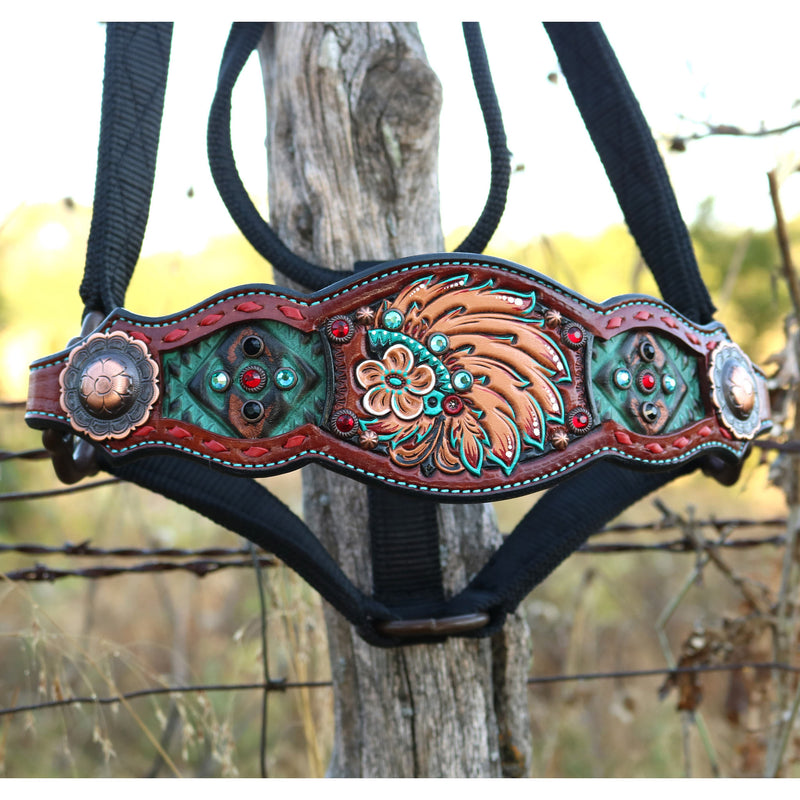 Kk Leathers Turquoise Red Indian Headdress Bronc Halter