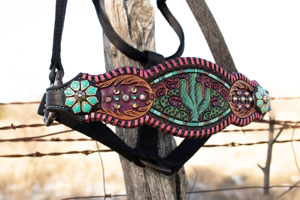 Kk Leathers Whipstitch Prickly Pear Cactus Crystal Bronc Noseband Nylon Halter