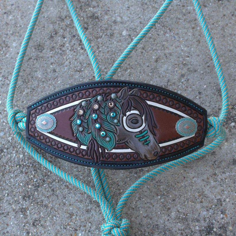 Kk Leathers Turquoise War Horse Bronc Noseband Rope Halter