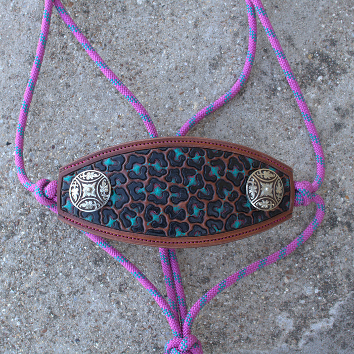 Kk Leathers Pink and Turquoise Leopard Bronc Noseband Rope Halter
