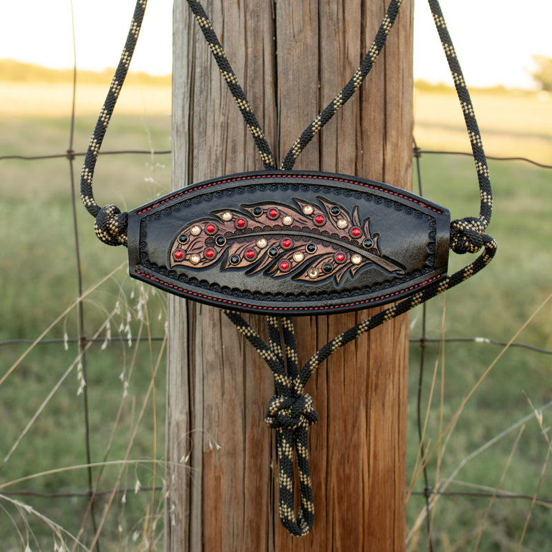 Kk Leathers Red and Bronze Crystal Feather Bronc Noseband Rope Halter