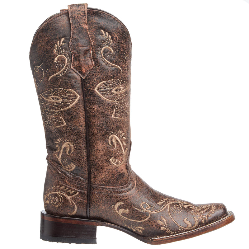 Circle G Women's Brown Crackle Dragon Fly Embroidery Cowgirl Boots