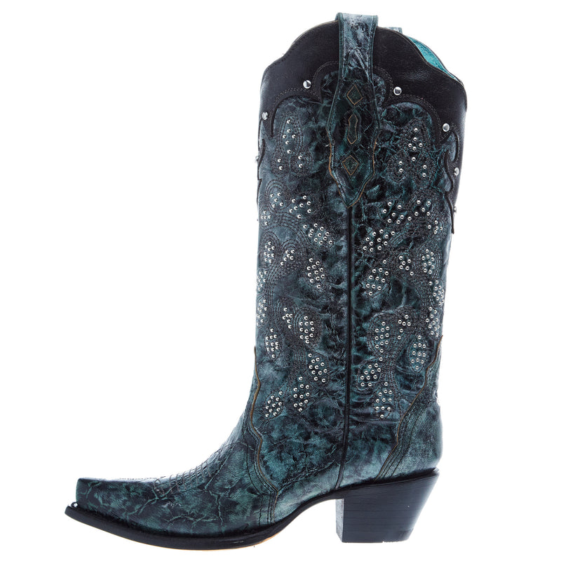 Corral Women's Green Black Overlay Embroidery 13in Top Snip Toe Boot