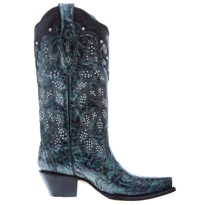 Corral Women's Green Black Overlay Embroidery 13in Top Snip Toe Boot