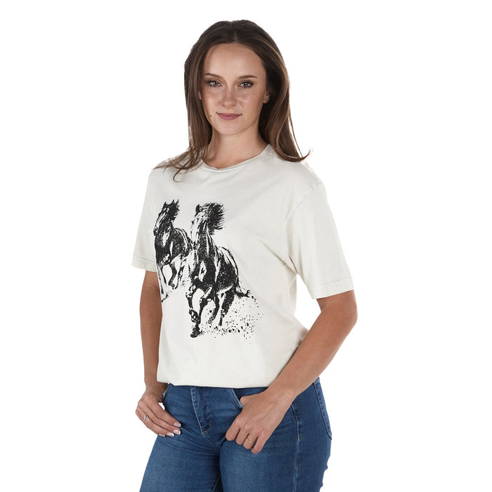 Lotus Fashion Women's Off White Running Horses Tee Shirt