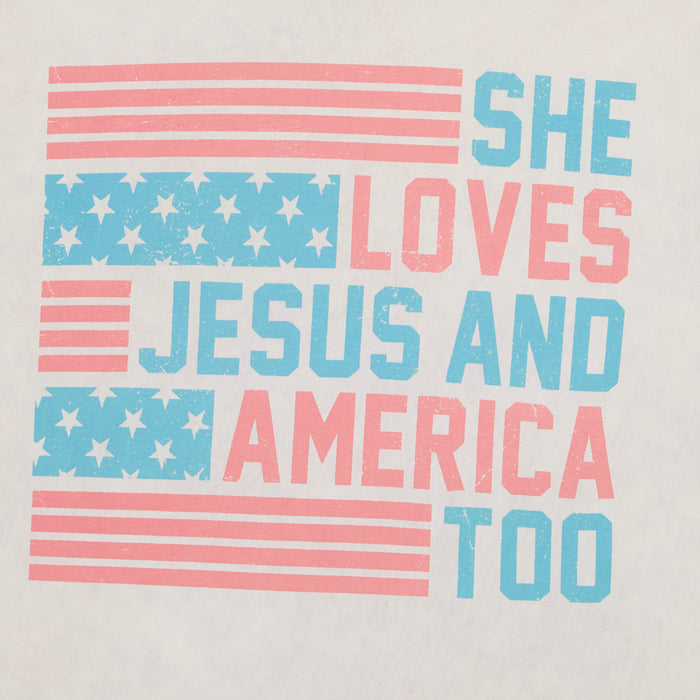 Lotus Fashion Women's She Loves Jesus and America Too Off White Tee Shirt