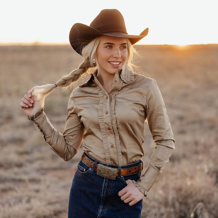 Little Lucille Collections Llc Women's Taupe Frill Signature Shirt