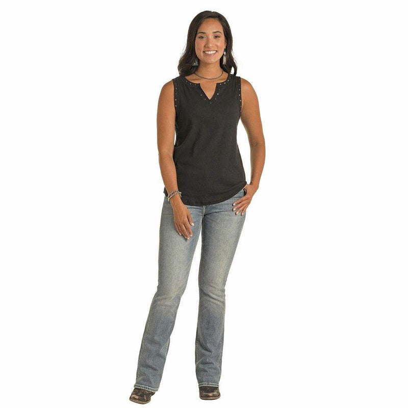Panhandle Women's Black Studded Notch Neck Tee