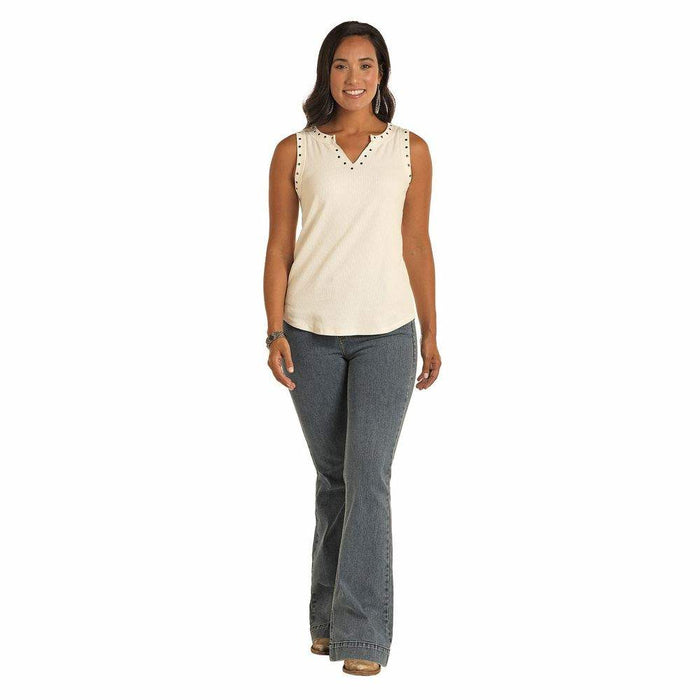 Panhandle Women's Cream Studded Notch Neck Tank