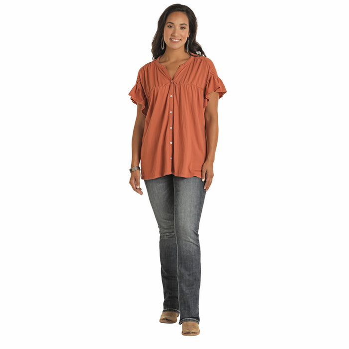 Panhandle Women's Rose Ruched Panel Button Blouse
