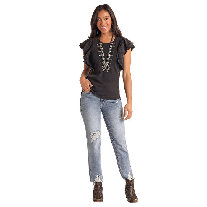 Panhandle Womens Black Flutter Sleeve Top