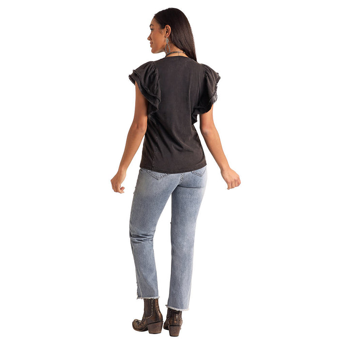 Panhandle Womens Black Flutter Sleeve Top