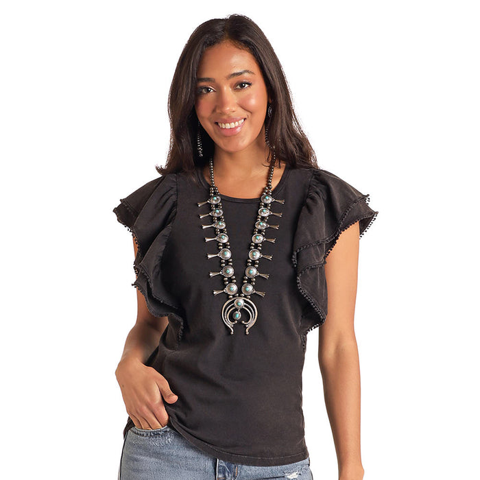 Panhandle Womens Black Flutter Sleeve Top