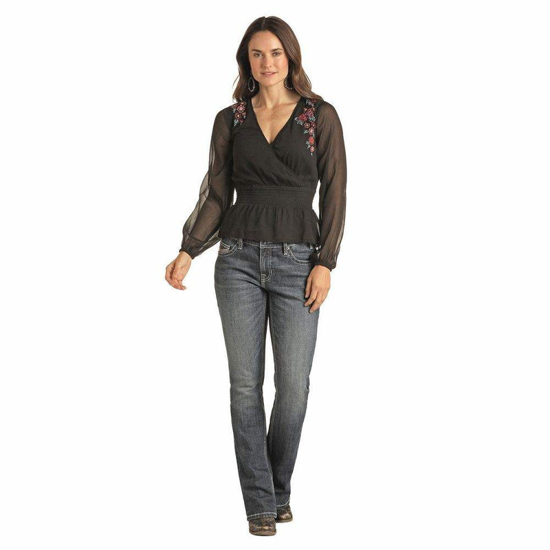 Panhandle Women's Black Embroidered Smock Blouse