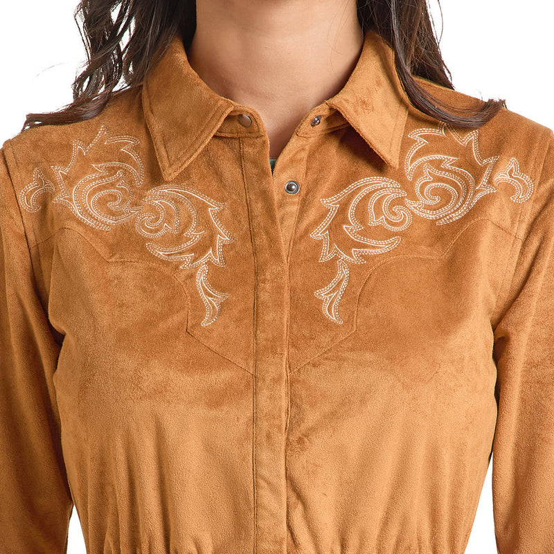Panhandle Women's Camel Embroidered Microsuede Dress