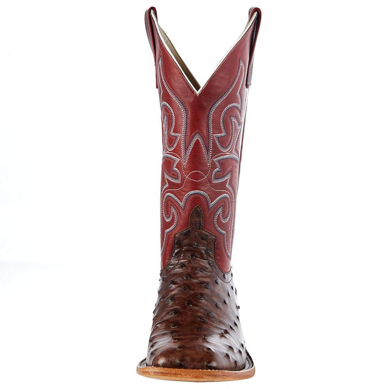 Macie Bean Womens Top Hand Kango Tobacco Brown Full Quill Ostrich with Red Top Cowgirl Boot