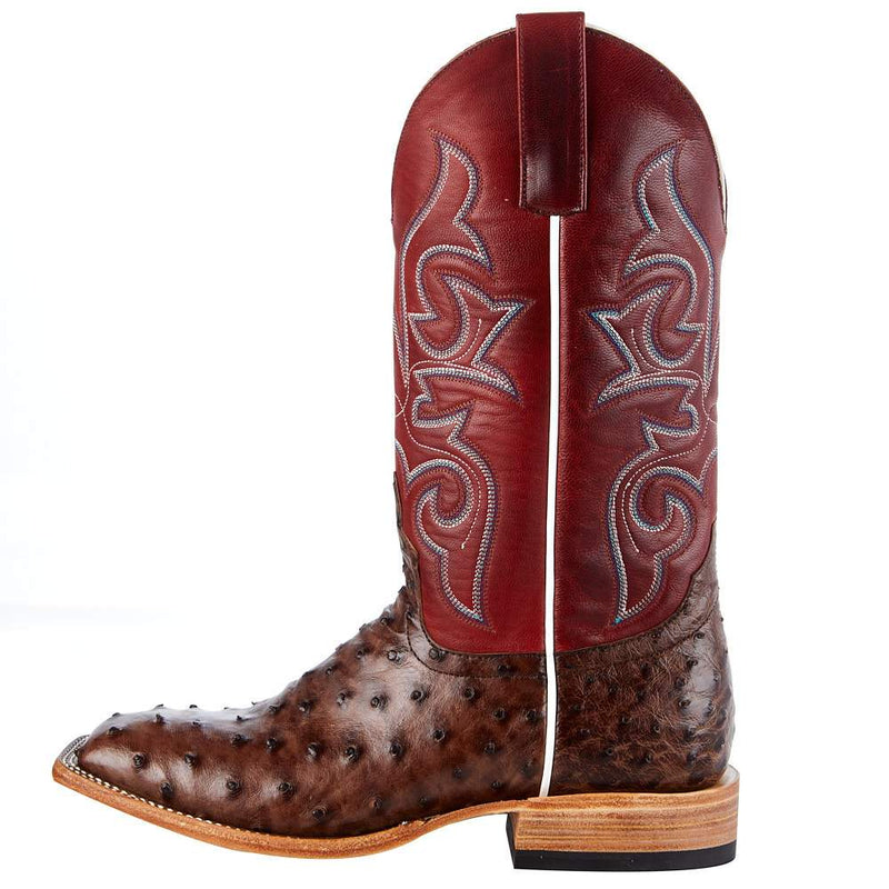 Macie Bean Womens Top Hand Kango Tobacco Brown Full Quill Ostrich with Red Top Cowgirl Boot