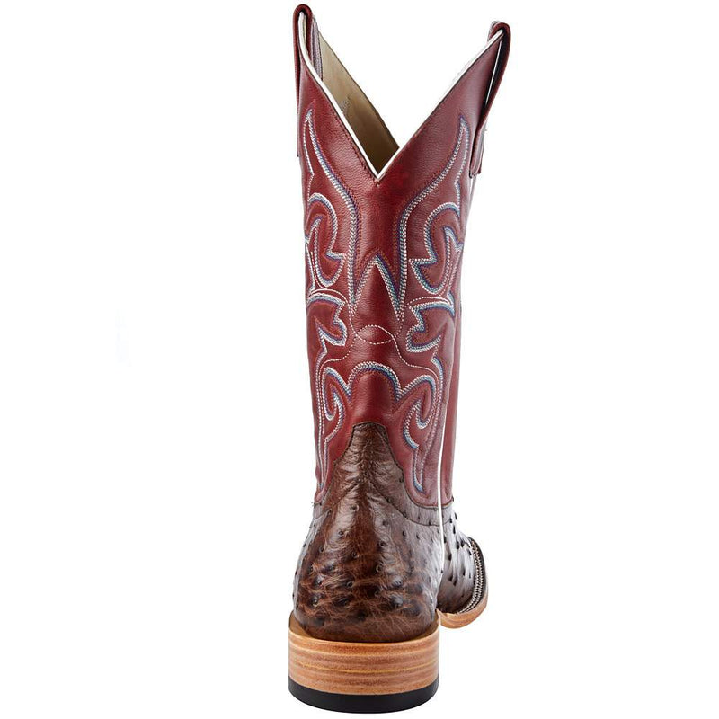 Macie Bean Womens Top Hand Kango Tobacco Brown Full Quill Ostrich with Red Top Cowgirl Boot