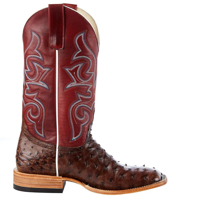 Macie Bean Womens Top Hand Kango Tobacco Brown Full Quill Ostrich with Red Top Cowgirl Boot