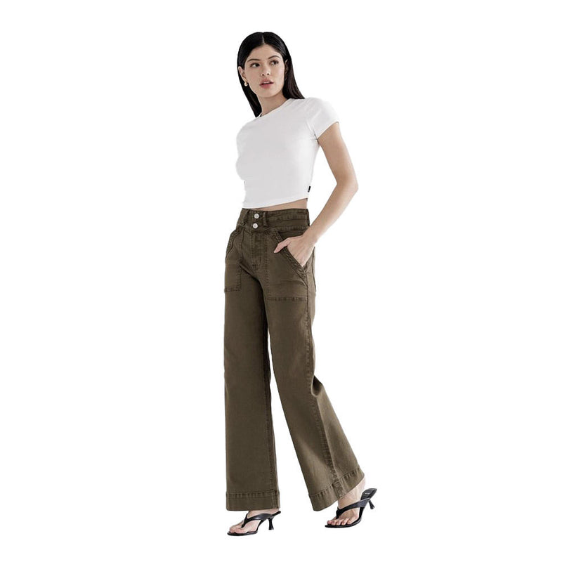 Mica Denim Fern Green Super High Double Waistband Wide Leg