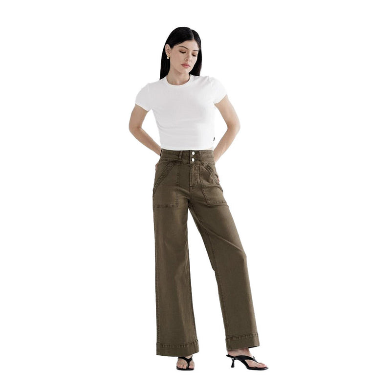 Mica Denim Fern Green Super High Double Waistband Wide Leg