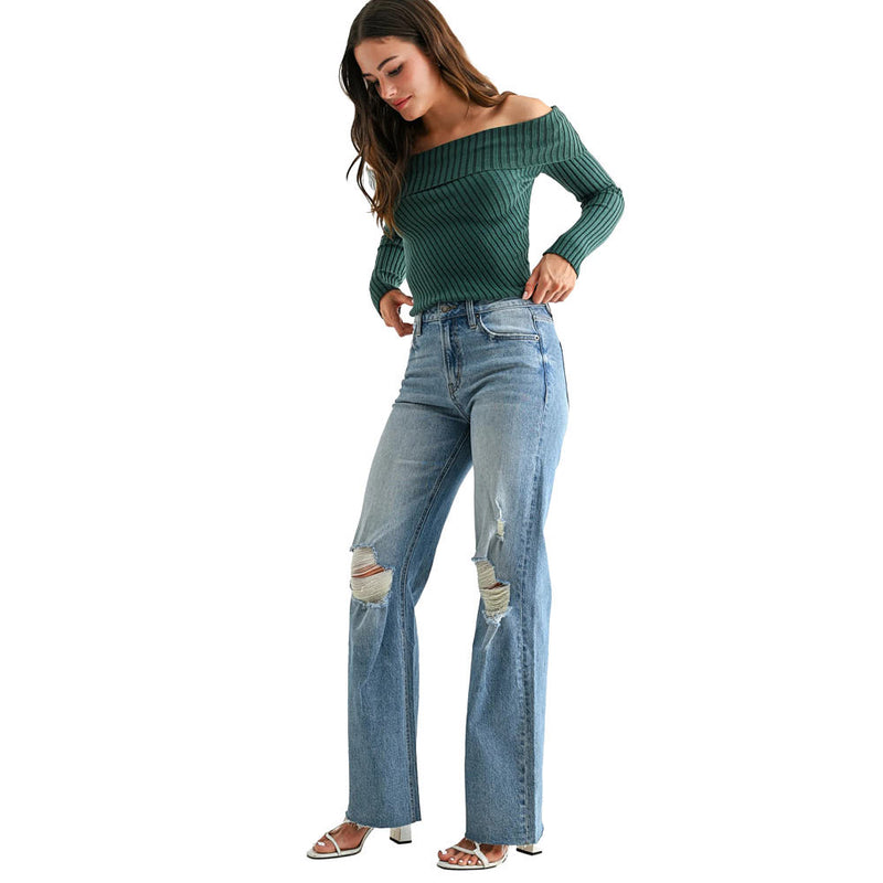 Mica Denim Pale Sea Distressed Raw Hem High Rise Wide Leg