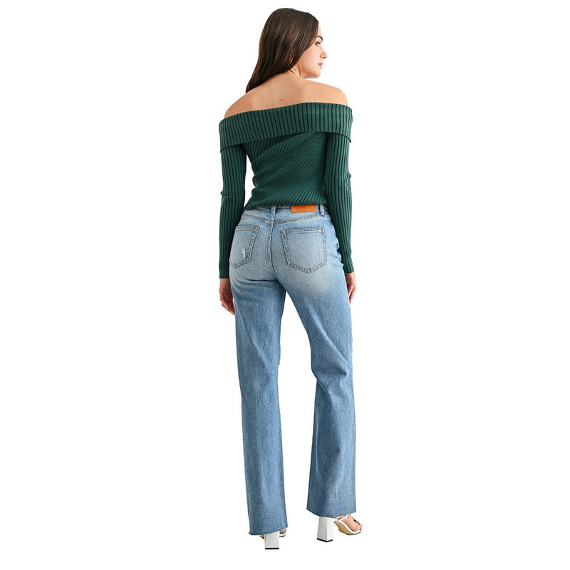 Mica Denim Pale Sea Distressed Raw Hem High Rise Wide Leg