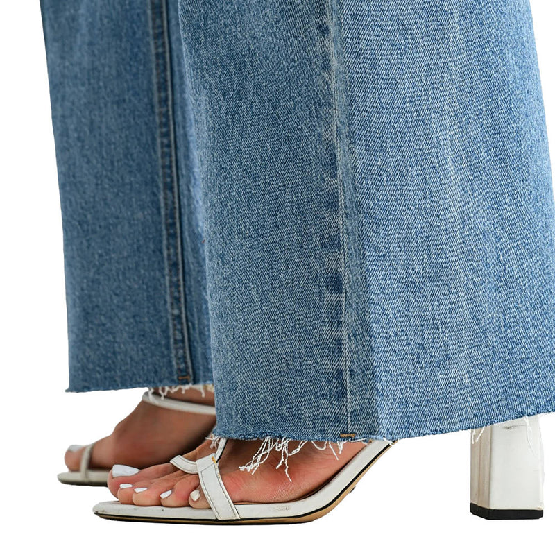 Mica Denim Pale Sea Distressed Raw Hem High Rise Wide Leg