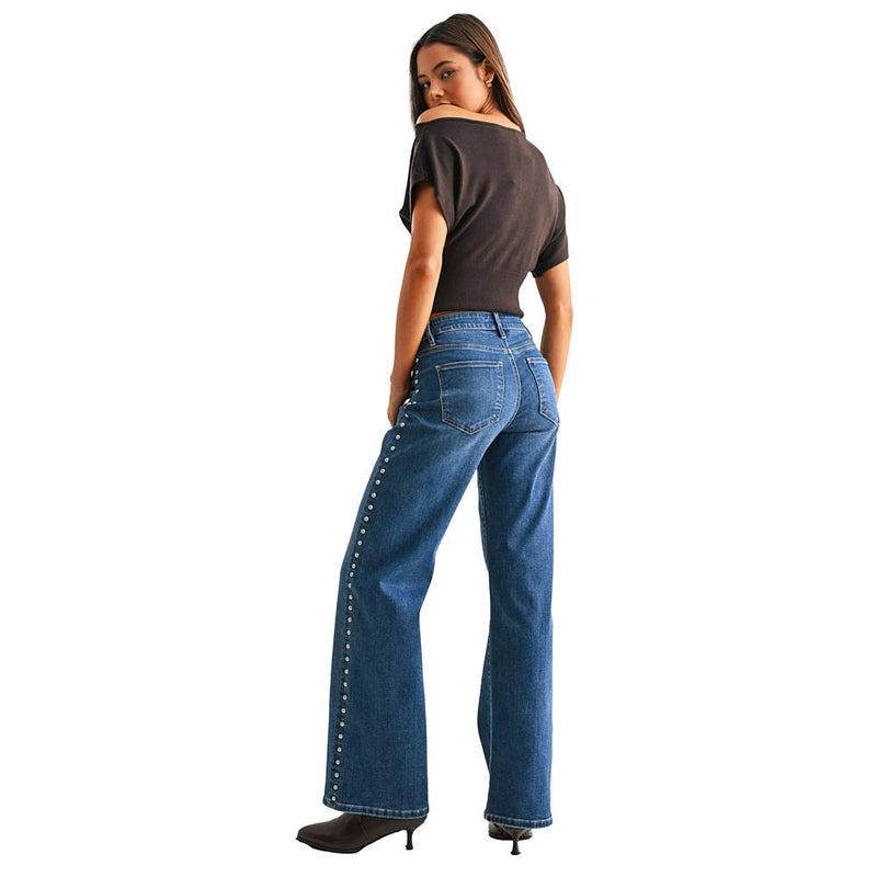 Mica Denim Port Gore Mid Rise Embellished Side Wide Leg