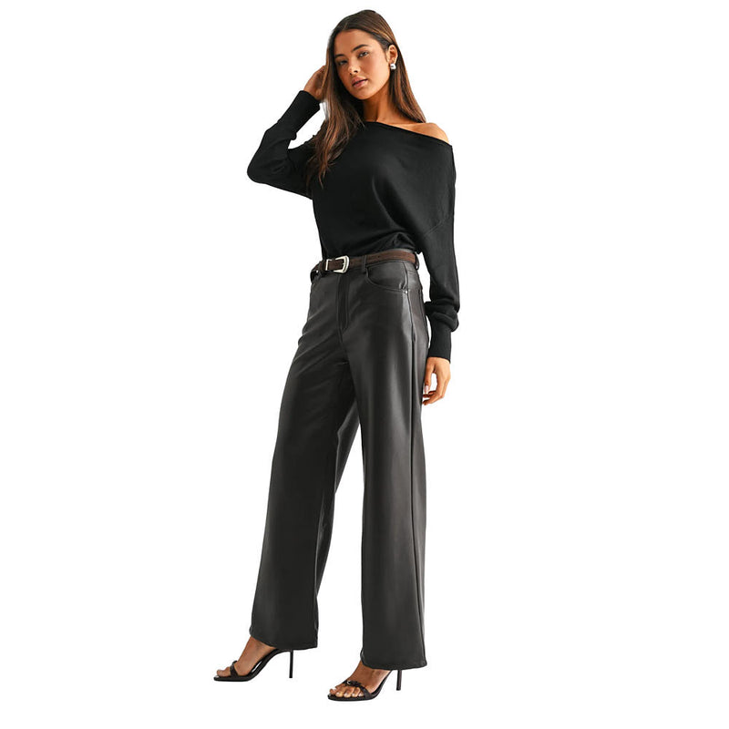 Mica Denim Dark Brown High Rise Wide Leg Faux Leather Pants