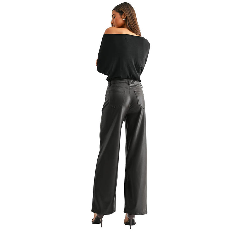 Mica Denim Dark Brown High Rise Wide Leg Faux Leather Pants