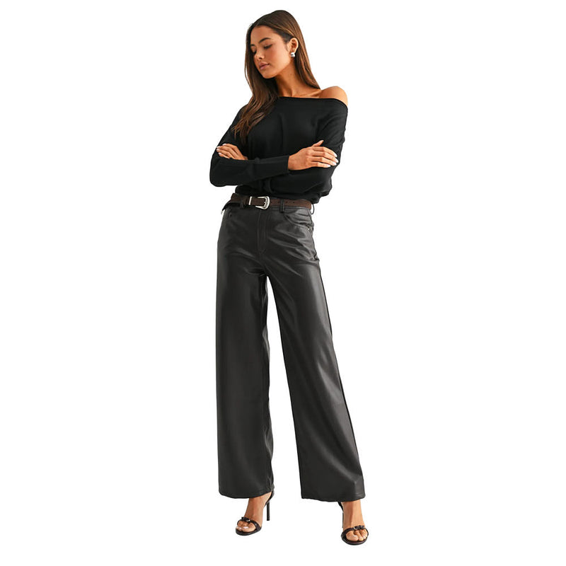 Mica Denim Dark Brown High Rise Wide Leg Faux Leather Pants