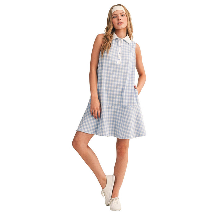 En Merci Wom Baby Blue Button Gingham Dress