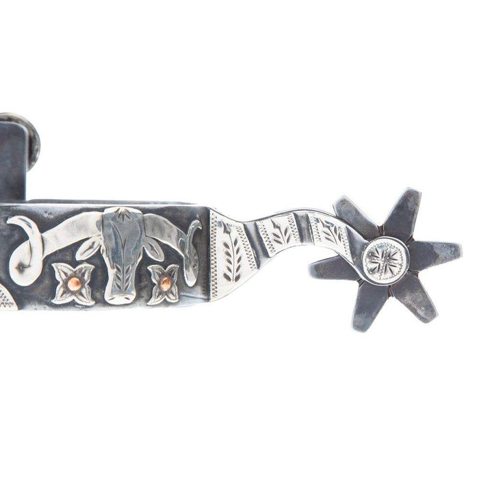 Mike Emberson Longhorn and Floral Engraved Mens Cowboy Spurs
