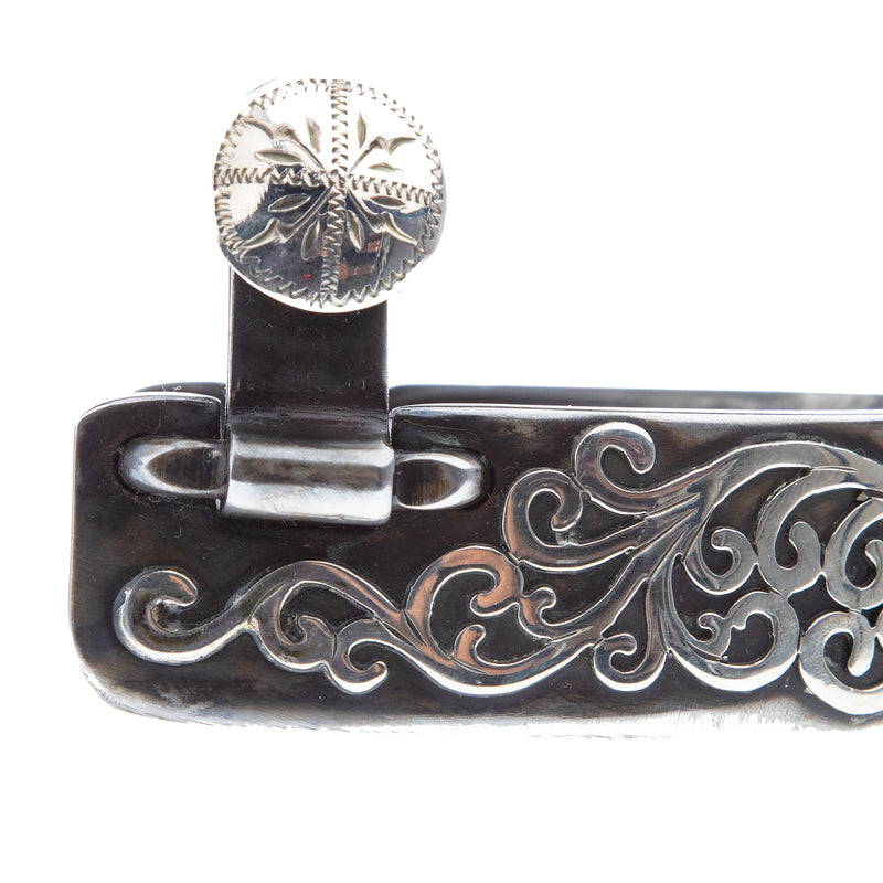 Mike Emberson Silver Engraved Floral Scroll Cowboy Spurs With Chap Guard