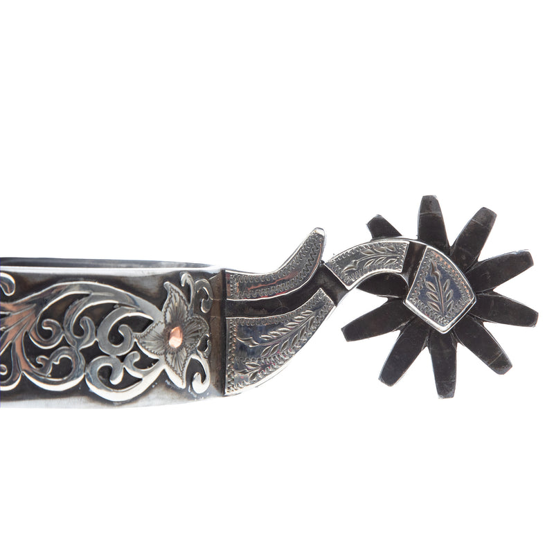 Mike Emberson Silver Engraved Floral Scroll Cowboy Spurs With Chap Guard
