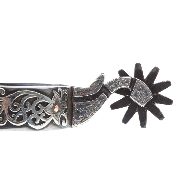 Mike Emberson Silver Engraved Floral Scroll Cowboy Spurs With Chap Guard