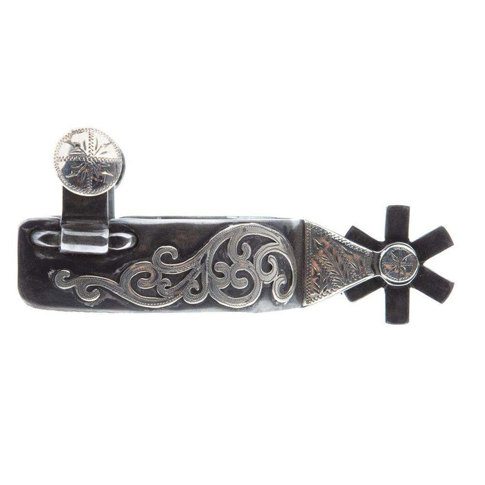 Mike Emberson Card Suite and Silver Engraved Scroll Short Shank Spurs