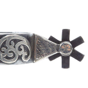 Mike Emberson Card Suite and Silver Engraved Scroll Short Shank Spurs