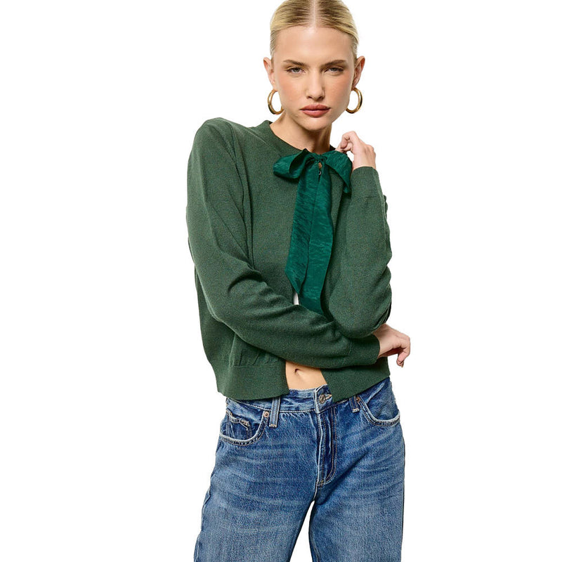 Mimosa Women's Hunter Green Chiffon Bow Tie Knit Cardigan