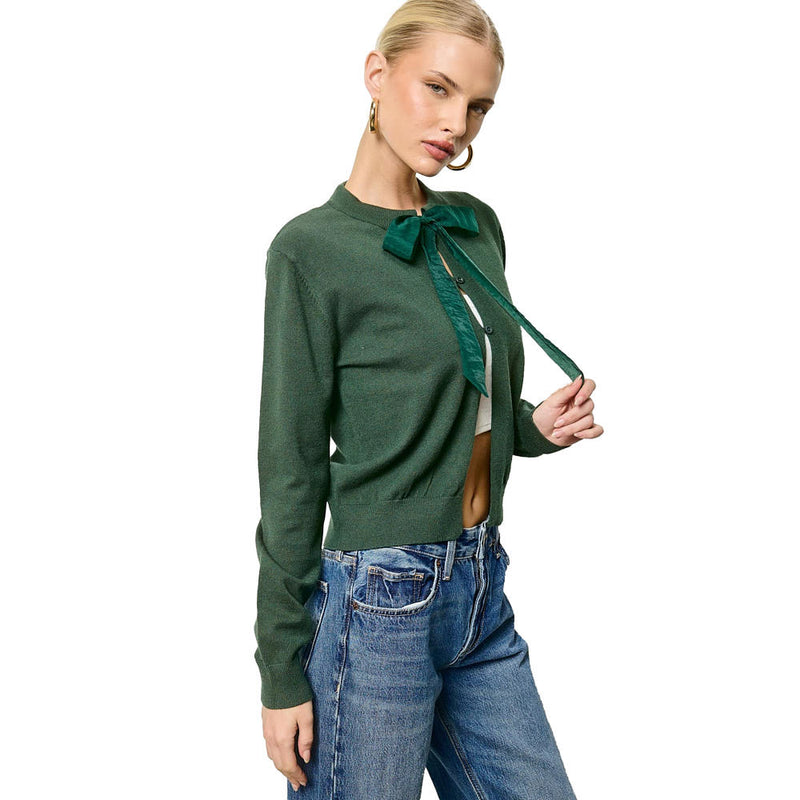 Mimosa Women's Hunter Green Chiffon Bow Tie Knit Cardigan