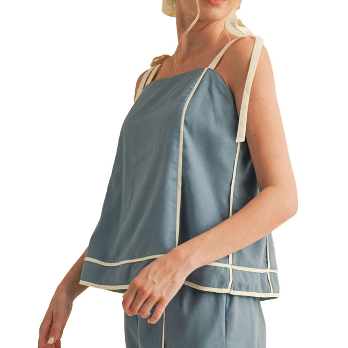 En Merci Wom Dusty Blue and Off White Short Set