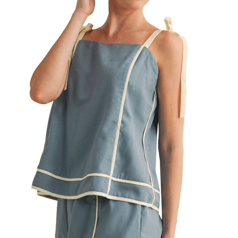 En Merci Wom Dusty Blue and Off White Short Set