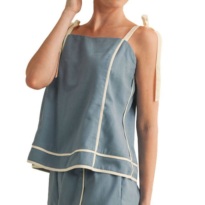 En Merci Wom Dusty Blue and Off White Short Set