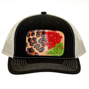 Mcintire Saddlery Black and Tan Leopard Rose Leather Patch Cap